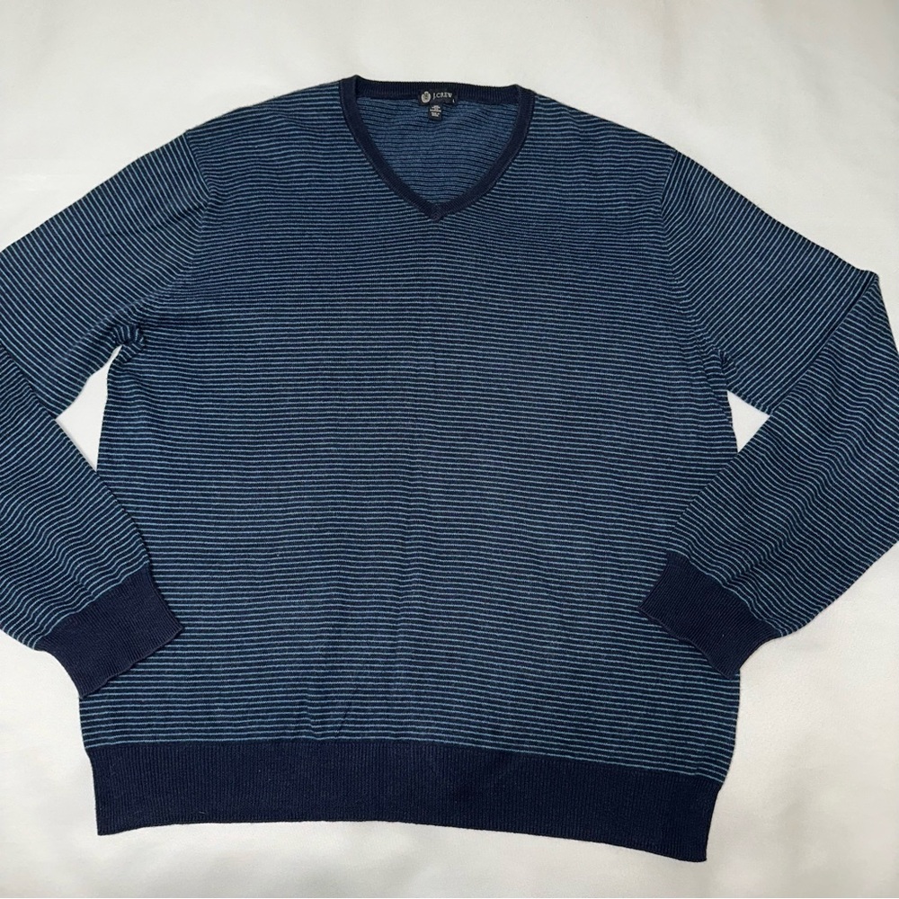 J.Crew Navy Striped V-Neck‎ Sweater men’s large cotton cashmere blend